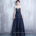 2019 newest style elegant navy party sequined ladies long evening dress fashion sleeveless formal dress